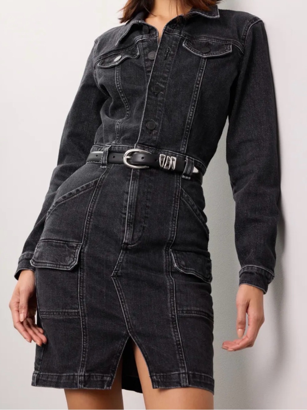Hudson Black Denim Reconstructed Button-Front Mini Dress XL
